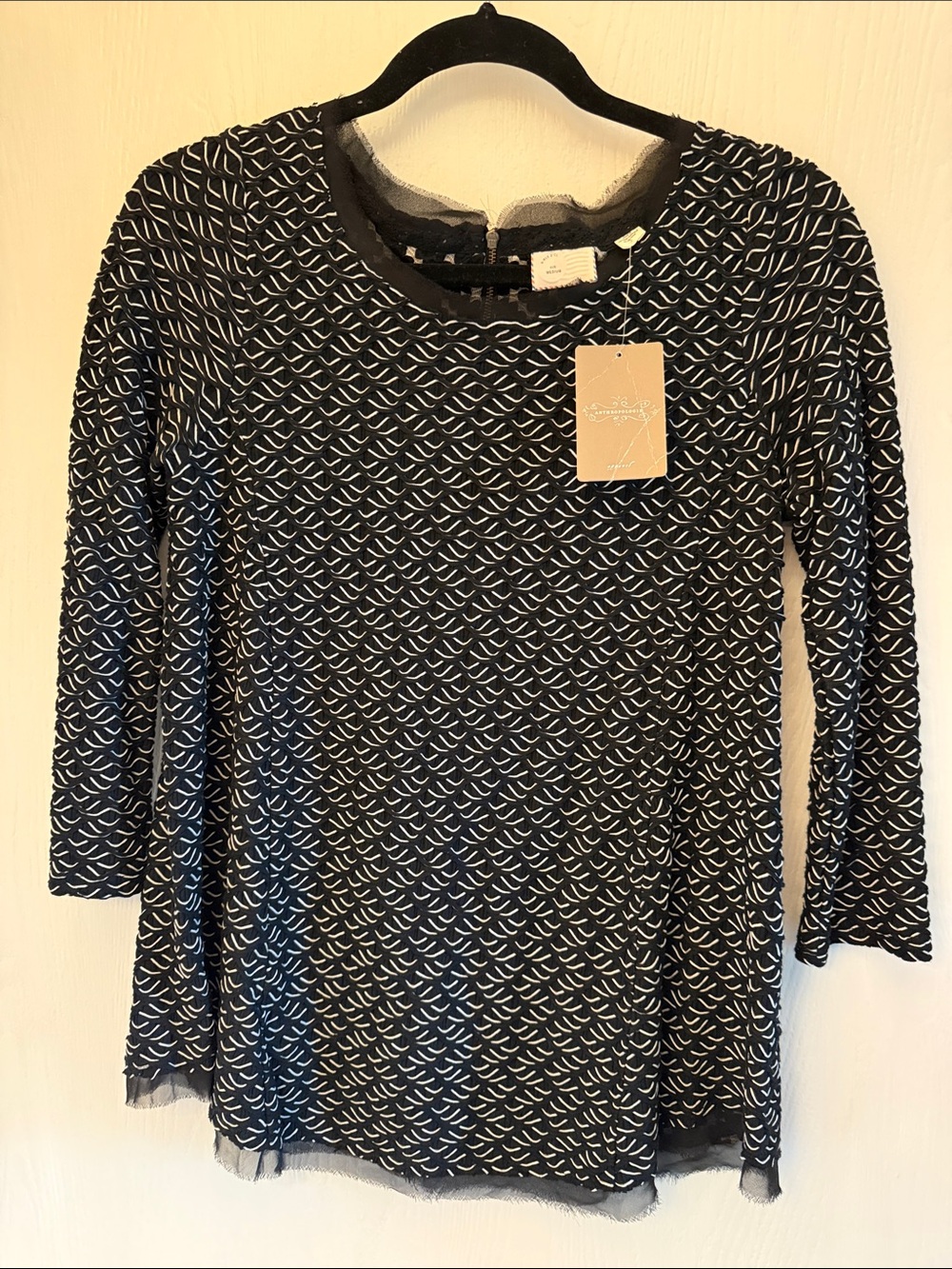 Anthropologie Black Top with White Micro V Pattern